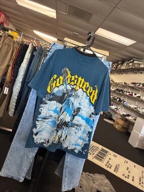 Godspeed New York Statue Of Liberty T-Shirt Men Size Large Washed Blue Used Rare